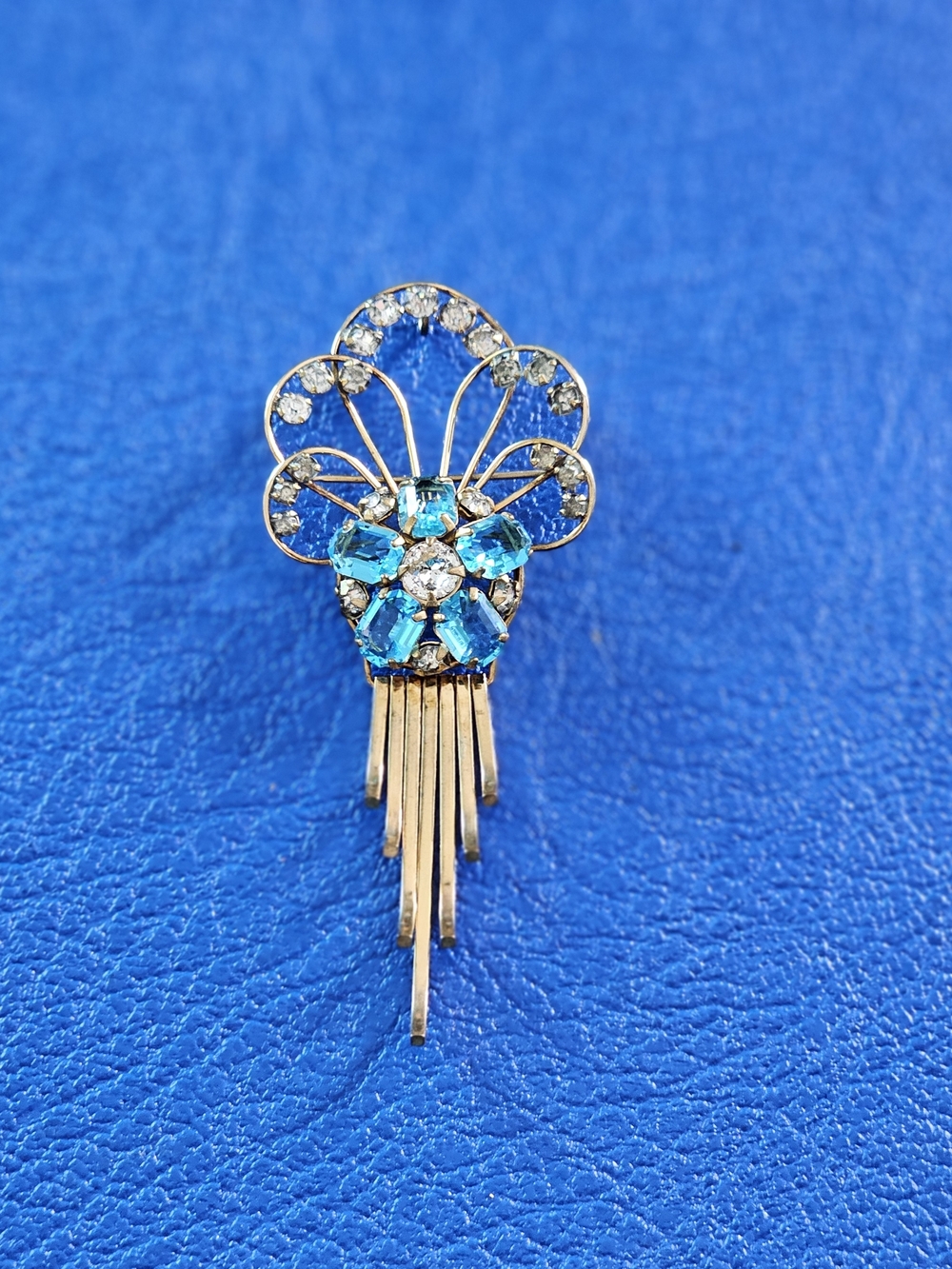 Vintage M&S 1/20 12K Gold Filled Blue Stone Rhinestone Brooch Pin Art Deco Retro